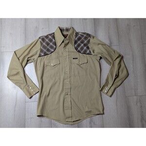 Vtg Stir Ups Shirt Mens M Brown With Plaid Shoulders Pearl Snap Western Cowboy